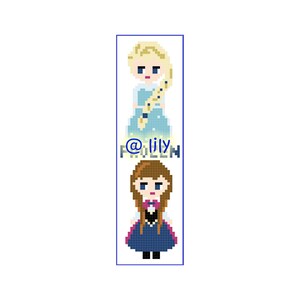 May include: Pixelated bookmark featuring Elsa and Anna from Frozen. Elsa is in a blue dress with a long braid, and Anna is in a blue and black dress. The text "@lily FROZEN" is also present.