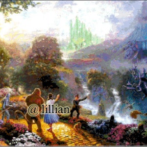 May include: A colorful painting depicting a scene from the Wizard of Oz. Dorothy, the Scarecrow, the Tin Man, and the Cowardly Lion walk down the yellow brick road towards the Emerald City. The Wicked Witch of the West is flying in the background.