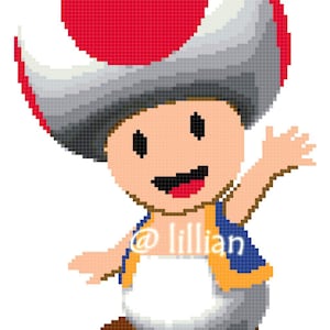 May include: A pixelated illustration of a red and white mushroom character with a blue and yellow vest. The character is waving with a big smile and the text '@lillian' is visible on the vest.
