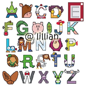 May include: A colourful alphabet featuring characters from the Toy Story franchise. Each letter is represented by a different character, such as Woody, Buzz Lightyear, and Jessie. The letters are arranged in alphabetical order.