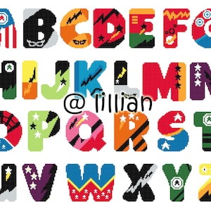 PDF CHARACTER Alpbahet Alphabets Alphabetical Super Hero Spiderman ABC Sampler Counted Cross Stitch Pattern Chart