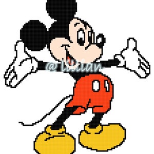 Pode incluir: Imagem pixelizada do Mickey Mouse em uma pose dinâmica. Mickey tem orelhas pretas, rosto branco e boca vermelha. Ele usa shorts vermelhos, sapatos amarelos e luvas brancas. A imagem contém o texto "@lilian".