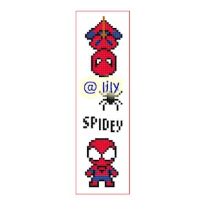 May include: A red and blue pixel art bookmark featuring Spiderman hanging upside down, a spider, and the text "@lily SPIDEY".