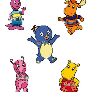 Puede incluir: Cinco personajes de dibujos animados del programa infantil 'The Backyardigans'. Los personajes son un canguro rosa, un pingüino azul, un hipopótamo amarillo, una hormiga rosa y un alce naranja. Cada personaje lleva un atuendo diferente y tiene una expresión única.