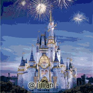 May include: A white castle with blue towers and golden accents, surrounded by fireworks against a blue sky. The castle has a clock tower with a golden clock face and a golden spire. The text "@lillian" is visible in the bottom center of the image.