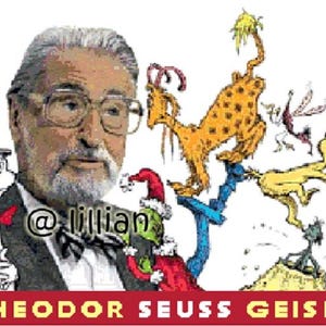 May include: Illustration featuring Theodor Seuss Geisel, with cartoon characters and the text "THEODOR SEUSS GEISEL". The image includes a portrait of the author, along with colorful Dr. Seuss characters.