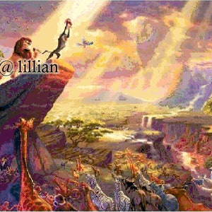 May include: A colorful painting of a lion king standing on a cliff overlooking a vast savanna. The lion is holding up a cub in the air, with a bird flying overhead. The scene is filled with vibrant colors and a sense of majesty.