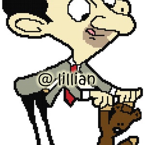 Può includere: Un'illustrazione di cartone animato di Mr. Bean, un personaggio della sitcom britannica, che tiene un orsacchiotto di peluche marrone. Indossa un abito grigio con una cravatta rossa. L'immagine è pixelata e ha uno stile retrò.