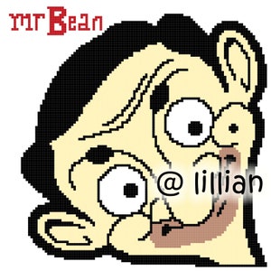 Op de afbeelding: Een gepixelde illustratie van Mr. Bean, een populair Brits komisch personage, met een verraste uitdrukking. De afbeelding is in zwart, wit en bruin. De tekst "@lillian" is zichtbaar in de rechterbenedenhoek.