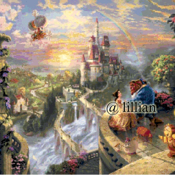 PDF The BEAUTY and the Beast Princess BELLE and Prince at Castle Counted Cross Stitch Pattern Chart