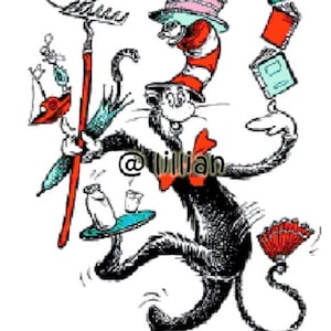 May include: Whimsical illustration of a black cat in a red and white striped hat, balancing objects. The cat is holding a red pole, a tray with a bottle and glass, and juggling books. The image includes the text "@ lillian".