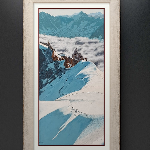 PEINTURE à l'huile d'alpinistes marchant au sommet d'une montagne au dessus des nuages idéal décoration de la maison idée cadeau