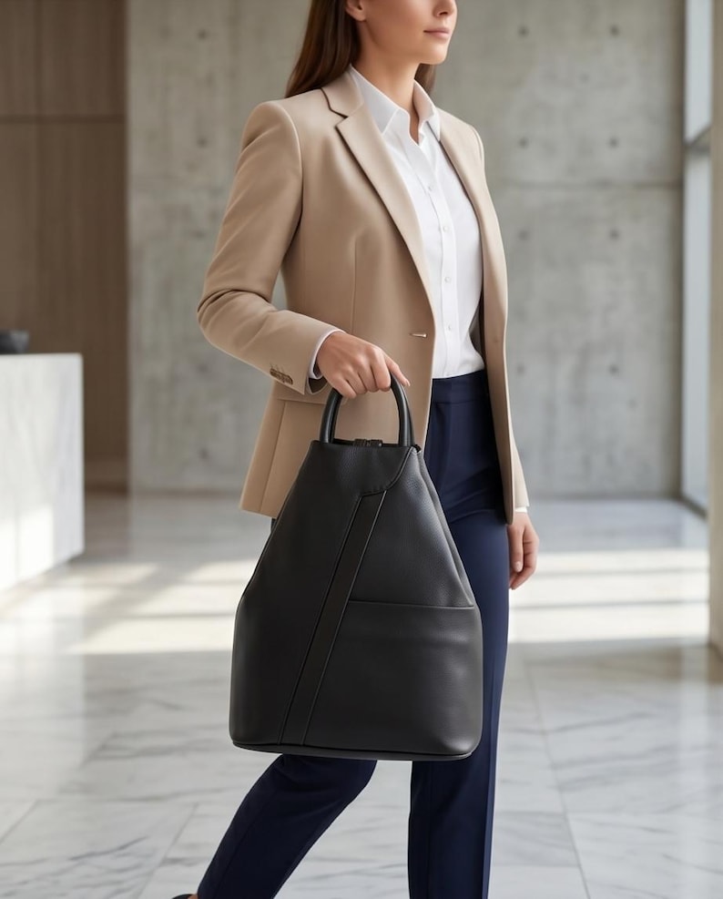 Może przedstawiać: Czarny sk&oacute;rzany plecak z g&oacute;rnym uchwytem i przednią kieszenią. Torba ma elegancki, nowoczesny design. Osoba ma na sobie beżową marynarkę, białą koszulę i granatowe spodnie.