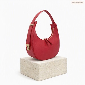 May include: A crescent-shaped red handbag with a textured surface, featuring a single top handle, a gold-toned metal clasp on the side, and a central zip closure with two matching red pull tabs. The bag has a structured, curved silhouette.
