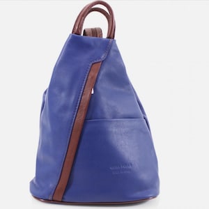May include: A blue leather backpack with a triangular silhouette, featuring brown leather handles and a diagonal brown leather accent strip across the front. The bag includes a front pocket and is embossed with the text VERA PELLE MADE IN ITALY.