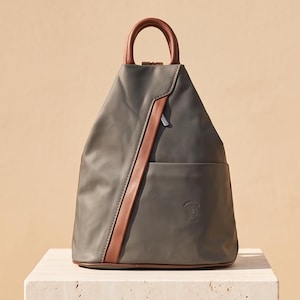 May include: A grey backpack with a triangular silhouette featuring a brown leather top handle and a diagonal brown leather accent strip. The bag includes a front pocket and a small embossed logo on the lower right side, finished with a zip closure.