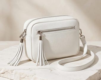 Vera Italy white Leather Crossbody Bag, Tassel Detail, Made in Tuscany
