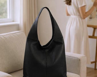 Luxuriöse schwarze Hobo / Slouch Damentasche - Italienisches Vollnarbenleder in Schwarz