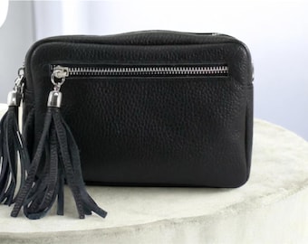 Italian Leather Crossbody Bag with Tassels, Made in Italy, Silver Hardware