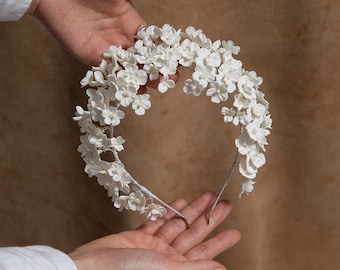 Statement Clay White Flower Bridal Headband - Thick Floral Wedding Crown