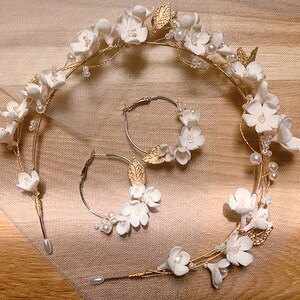 White Clay Flower Headband, Gold Pearl White Flower Bridal Headband, Bridal Headband Floral, Wedding Hair Accessory, Polymer Flower Headband image 4