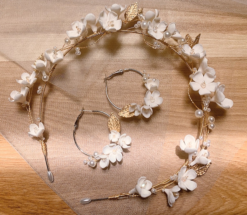 White Clay Flower Headband, Gold Pearl White Flower Bridal Headband, Bridal Headband Floral, Wedding Hair Accessory, Polymer Flower Headband image 4