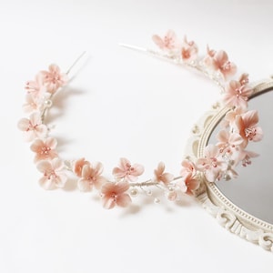 Pink Clay Flower Headband, Clay White Floral Bridal Headband, Bridal Flower Headpiece, White Flower Headband, White Clay Rose Headband
