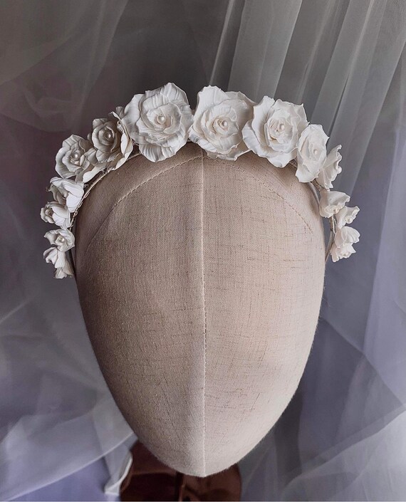 New! HANDCRAFTED White Floral & Faux Pearl Bridal Headband Bouquet Tiara. White Floral Pearl Wedding Tiara: Silver Bridal Headband - Etsy main image 4