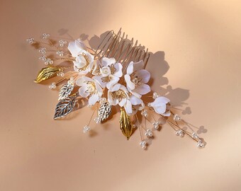 Clay Flower Bridal Comb, Crystal Bridal Clay Floral, Floral Wedding Hair Comb, Floral Bridal Hair Comb, Comb Bridal, Clay Flower Headpiece