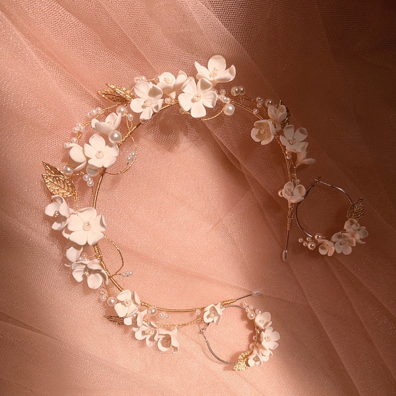 White Clay Flower Headband, Gold Pearl White Flower Bridal Headband, Bridal Headband Floral, Wedding Hair Accessory, Polymer Flower Headband image 7