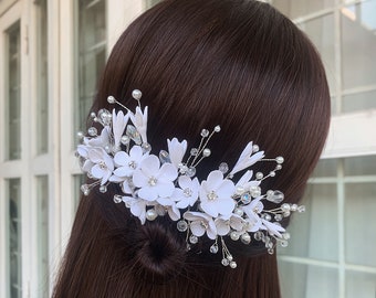 Clay Flower Hairpiece, Wedding HairPin With Clay Flower, Bridal Hair Accessory, Crystal Bridal Clay Floral Comb, Crystal Bridal Headpiece