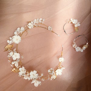 White Clay Flower Headband, Gold Pearl White Flower Bridal Headband, Bridal Headband Floral, Wedding Hair Accessory, Polymer Flower Headband image 5