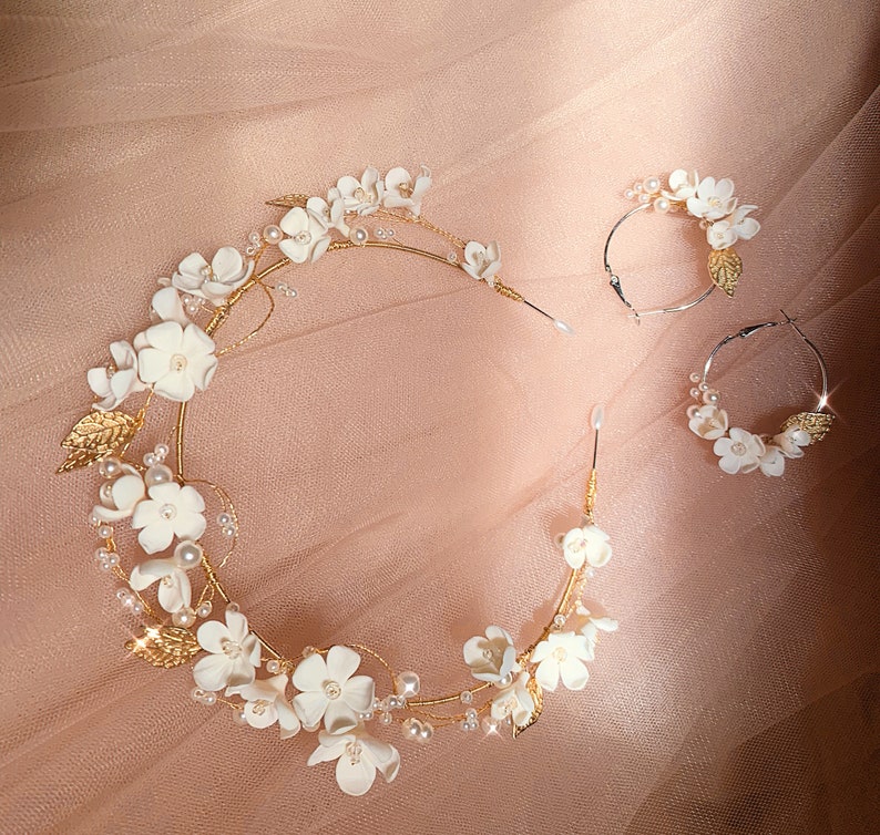 White Clay Flower Headband, Gold Pearl White Flower Bridal Headband, Bridal Headband Floral, Wedding Hair Accessory, Polymer Flower Headband image 5