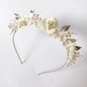 White Clay Flower Headband, Flower Bridal Headband, Bridal Crown, Floral Headband, Wedding Hair Accessory, Gift For Bridal, Wedding Tiara