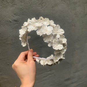 Clay Flower Bridal Headband White Floral & Pearl Wedding Crown