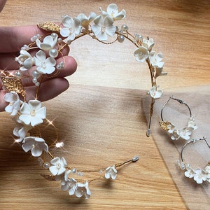 White Clay Flower Headband, Gold Pearl White Flower Bridal Headband, Bridal Headband Floral, Wedding Hair Accessory, Polymer Flower Headband image 10