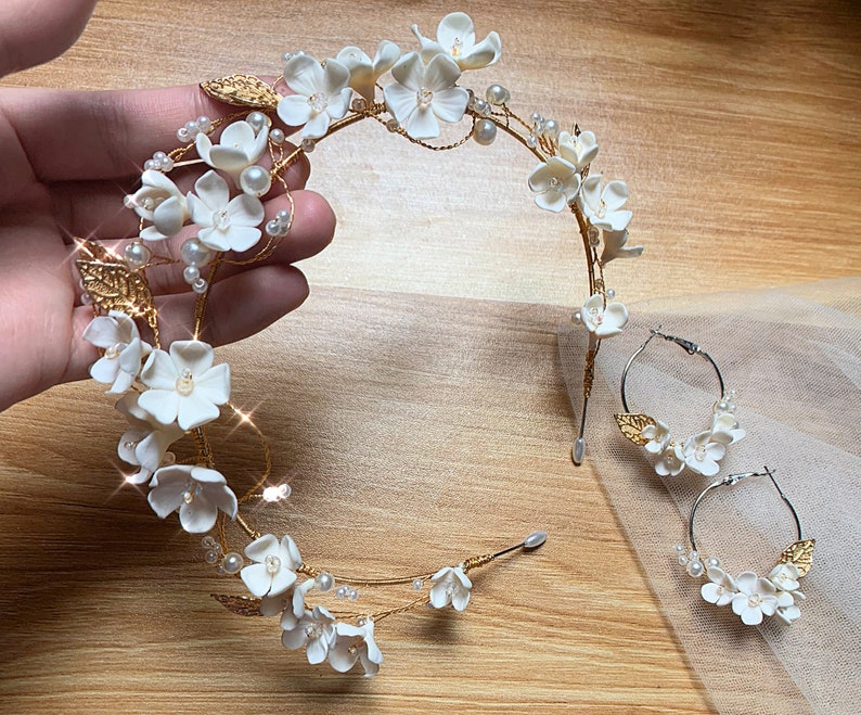 White Clay Flower Headband, Gold Pearl White Flower Bridal Headband, Bridal Headband Floral, Wedding Hair Accessory, Polymer Flower Headband image 10