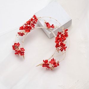 Red Flower Headband, Clay Floral Bridal Headband, Clay&Pearl Headband, Floral Bride Headpiece, Bridal Flower Crown, Clay Flowers Headband