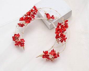 Red Flower Headband, Clay Floral Bridal Headband, Clay&Pearl Headband, Floral Bride Headpiece, Bridal Flower Crown, Clay Flowers Headband