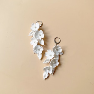 Bridal Earrings Made of Clay with Pearls and Sparkling Crystals, White Clay Flower Earrings, Silver Earrings, Earring For Bridal