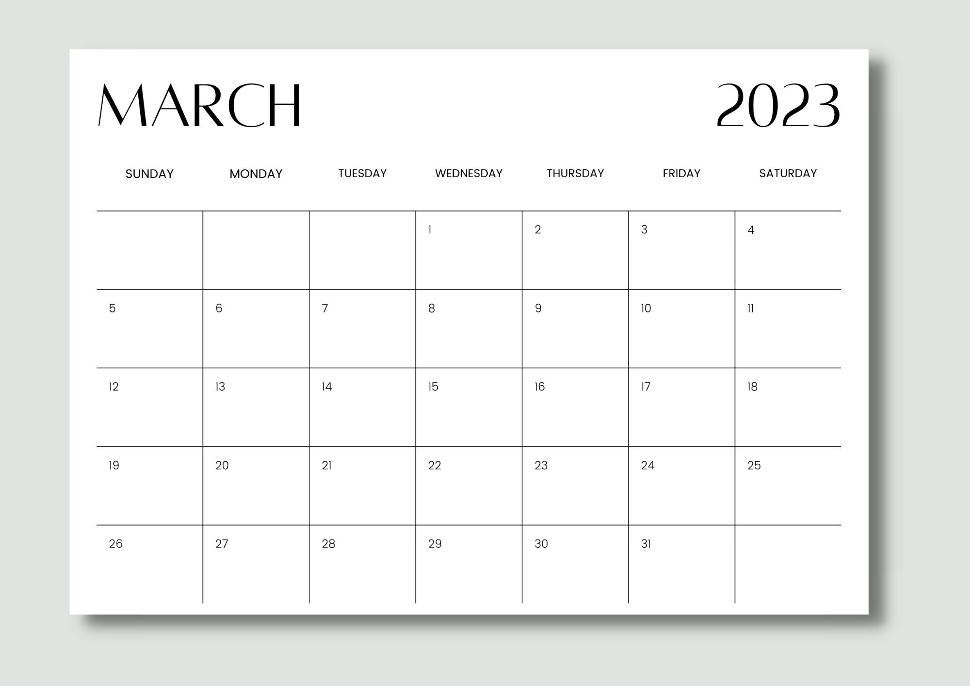 2023 Monthly Printable Blank Calendar Landscape PDF Letter Etsy