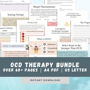 May include: A digital download bundle of printable worksheets for OCD therapy. The bundle includes over 60 pages of worksheets with titles like "Staying Strong!" and "Why I Want to Be Stronger Than OCD". The worksheets are designed to help people with OCD manage their symptoms and live a more fulfilling life.