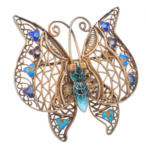 4.2 cm - Undamaged Filigree Vintage Silver verg. Handmade Enamel Butterfly Brooch Multicolor in Art Nouveau - around 1950