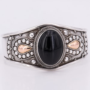 17.5 cm - extravagant true vintage sterling silver 925 bangle with large black onyx & gold-plated elements - around 1980