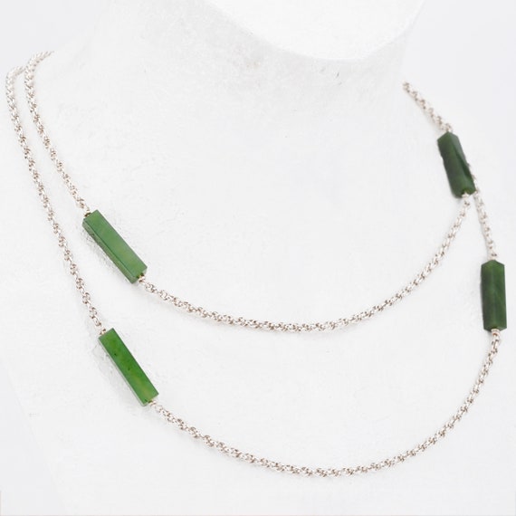 95 Cm Very Long Vintage Silver Necklace With Jade Sticks Without 