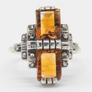 Maat 54 - Antieke Art Deco damesring met citrien (gouden topaas) en marcasiet in zilver en 333/8 karaats geelgoud - circa 1920