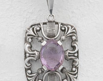 37 mm - Antique Art Nouveau Amethyst Pendant in 830 Silver - circa 1910