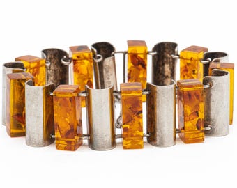 17.5 cm - Vintage Mid-Century Fischland (Baltic Sea jewelry) amber bracelet in 835 silver, signed 'pb' (design by Peter Brummold) - circa 1950