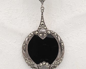 68 mm - True Vintage Black Onyx & Marcasite Pendant in Sterling Silver 925 - circa 1980