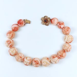 Antique Angel Skin Coral Bracelet: Carved Shou Bead, 14K Gold Spinel Clasp